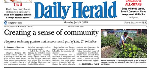 Daily Herald front page article about the Dryden Place Project and its community garden. 